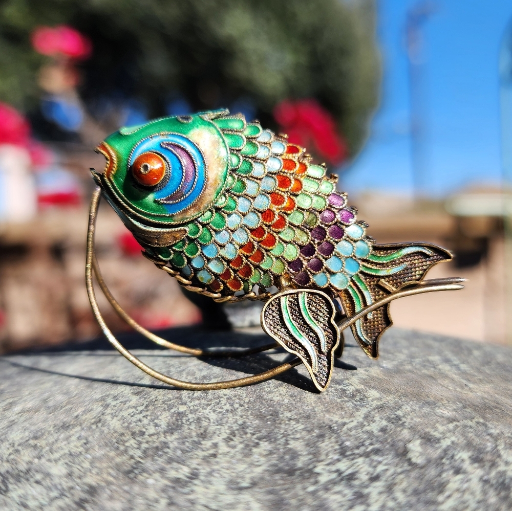 Vtg Old Chinese Export Fish Figurine Sterling Silver Gilt Cloisonne Articulated